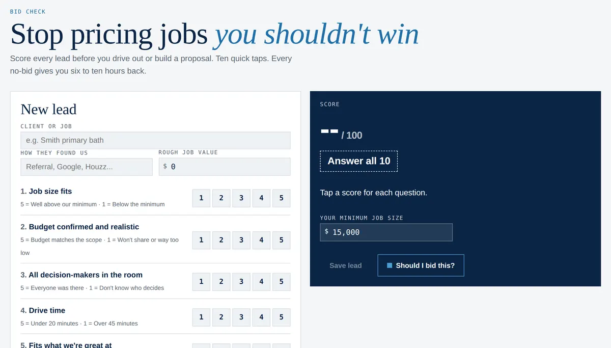 Bid Check screen with ten scoring questions