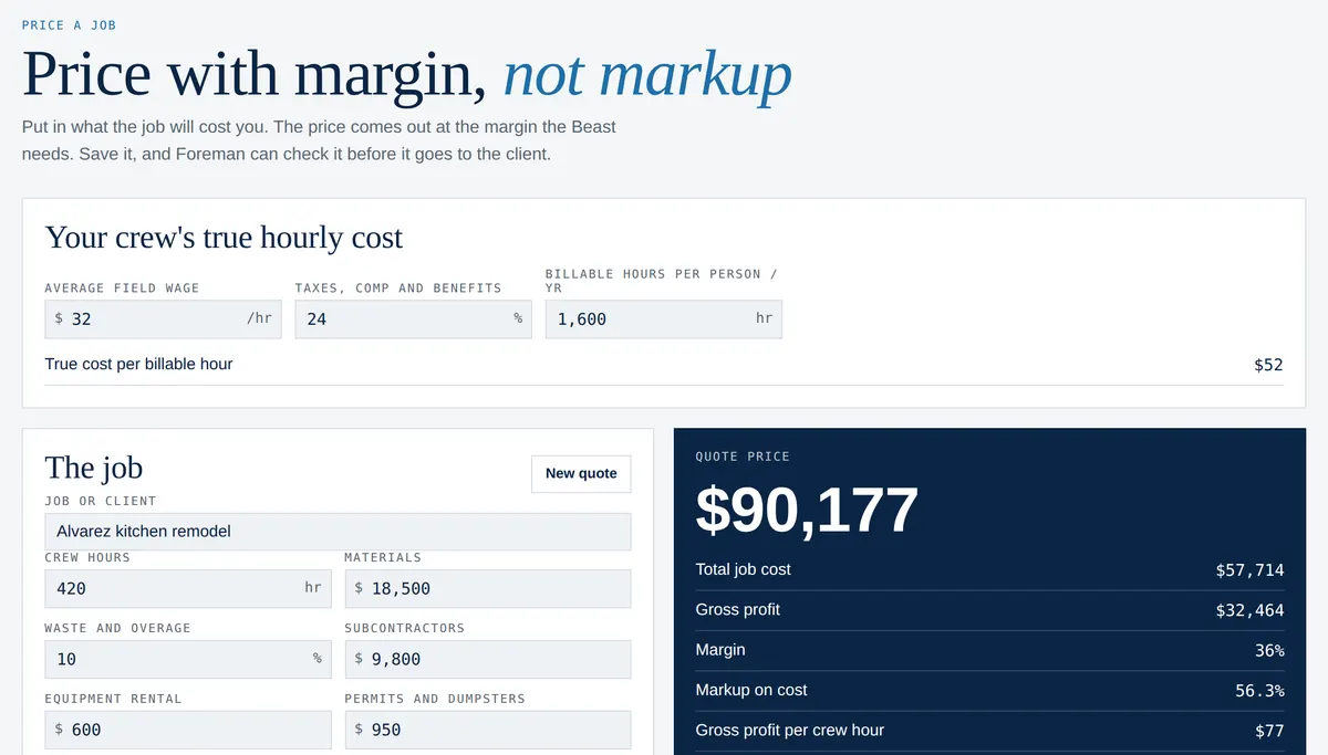 Price a Job screen showing a $90,177 kitchen quote at 36% margin